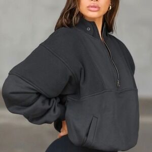 Joah‎ Brown Retro Half Zip French Terry Sweatshirt, Washed Black (Sz S/M)